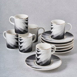 Hermia Juego de 12 Tazas de Café y Platos de Porcelana en Negro, Blanco y Gris